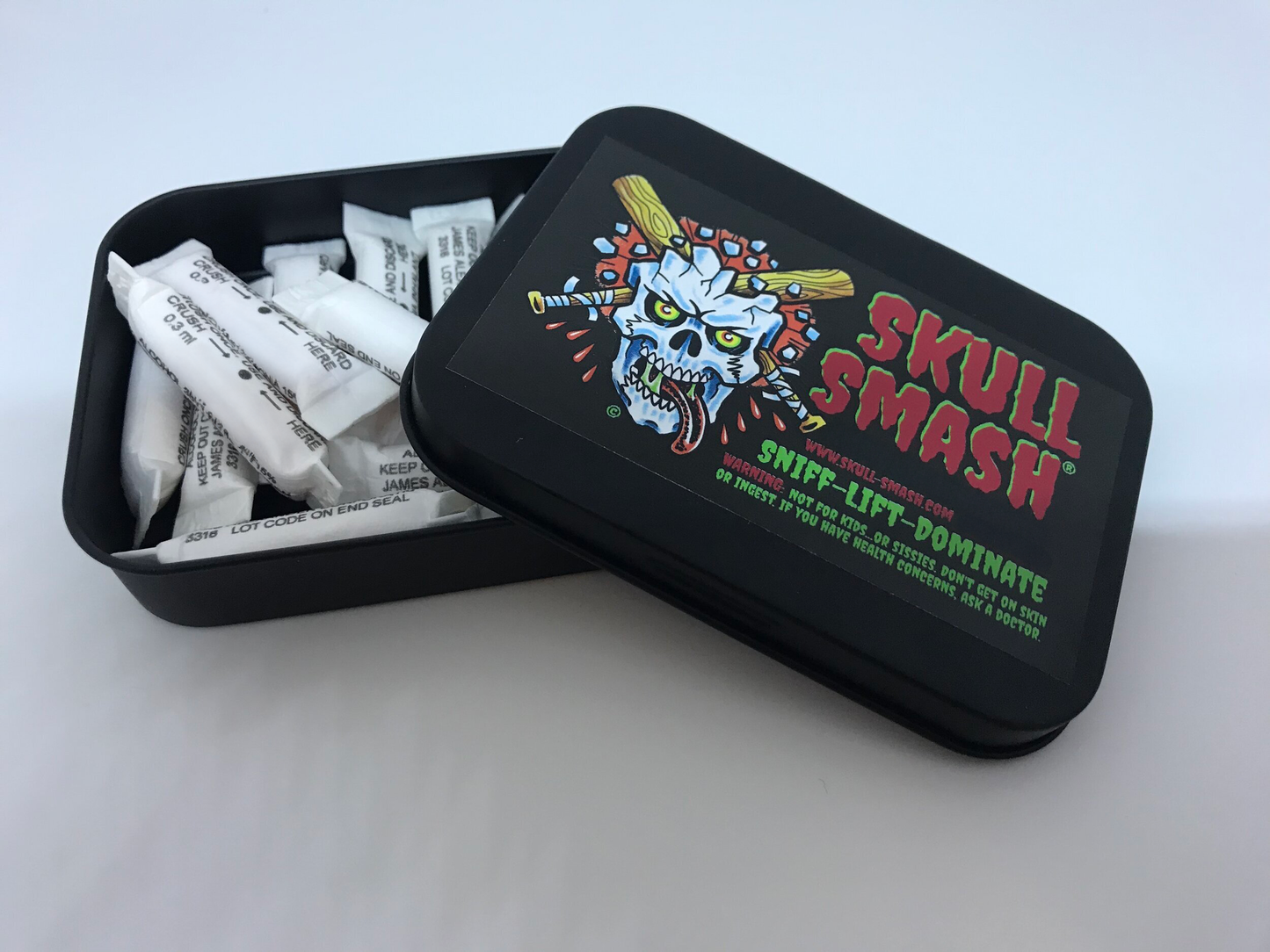 Tin of single-use caps